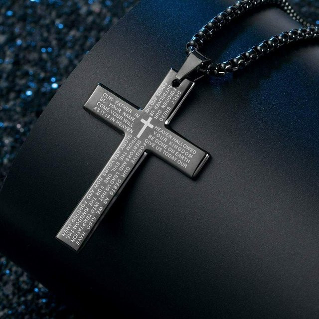 Allbestart Halskette Edelstahl, Kreuz mit Herrnhuter Gebet Inschrift, Schwarz, Unisex - Bild 1