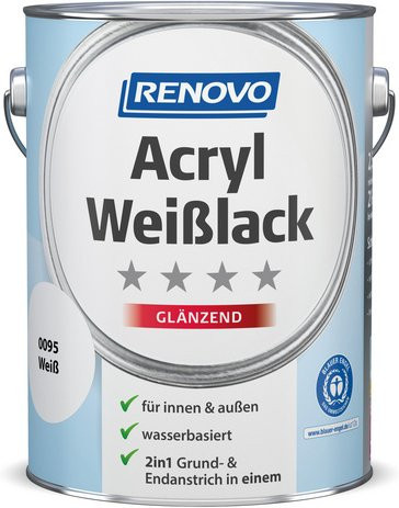RENOVO Acryl-Weisslack für Holz, wasserbasiert, glänzend, wetterfest und nicht vergilbend, Farbe: Weiss - Bild 1