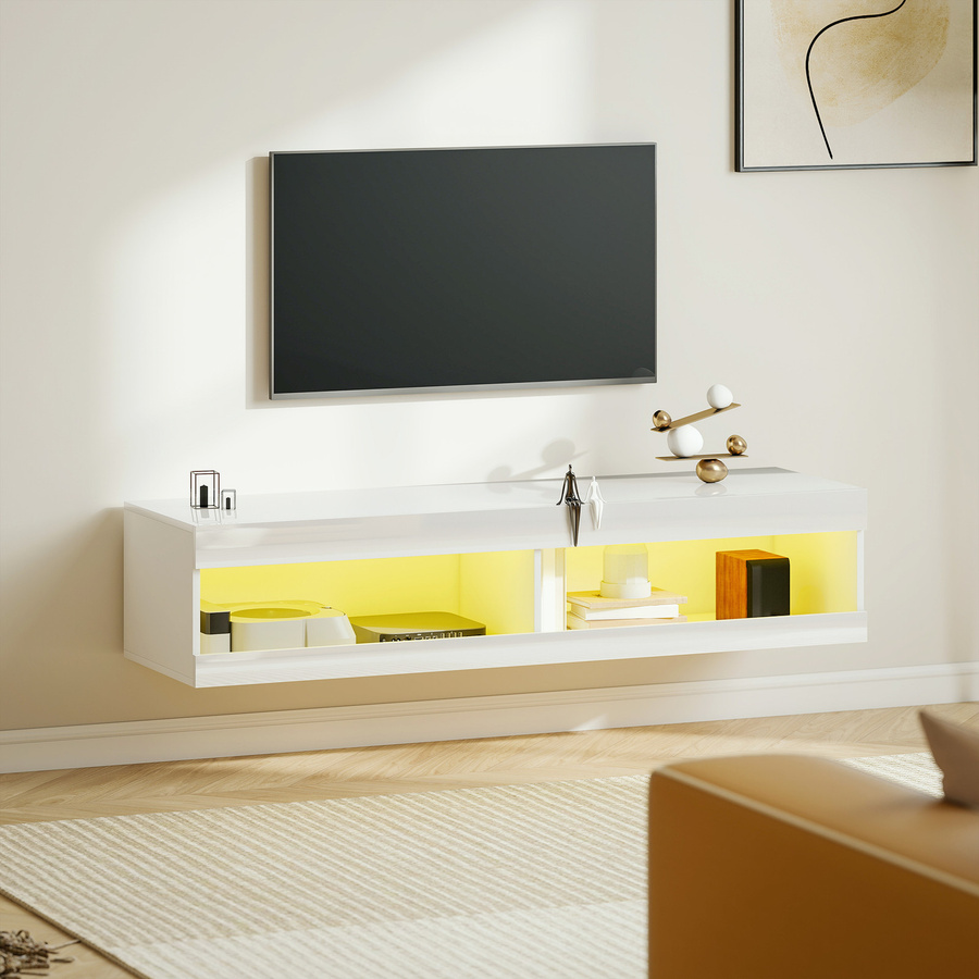 HOMCOM Schwebendes TV-Möbel in Hochglanz-Weiß mit LED-Beleuchtung und Fächern für Fernseher von 55-60 Zoll, B/T/H: 140 x 40 x 30 cm - Bild 2