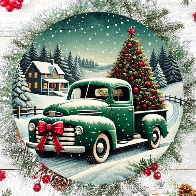 Potdemiel Weihnachts-Truck Aluminium-Wandkunst, runde Metallplakette in Schwarz und Multicolour, Durchmesser: 20,3 cm - Bild 1