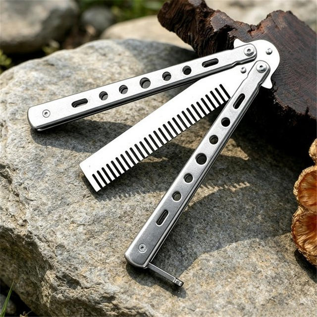 Edelstahl Schmetterlingsmesser Bart- und Schnurrbart-Styling-Kamm, Unisex - Bild 1