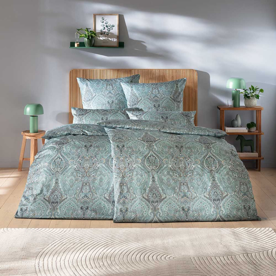 Estella Mako-Satin Bettwäsche Mariam Azur Blau mit Paisley Ornamenten, B/H: 155 x 220 cm und 80 x 80 cm - Bild 1