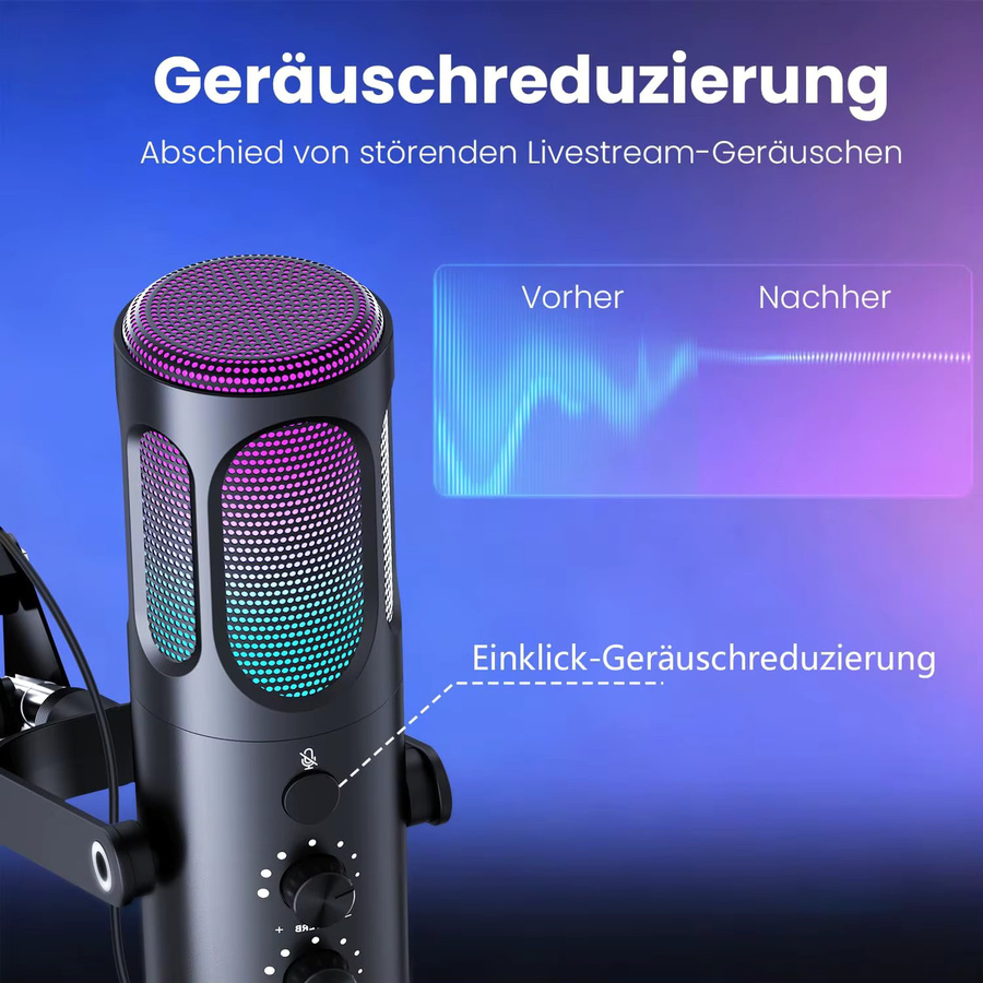 PUPGSIS USB-Kondensatormikrofon für PC, PS4/5 und Mac in Schwarz mit Geräuschunterdrückung, Stummschaltung, Reverb, verstellbarem Schwenkarm und Pop-Filter - Bild 5