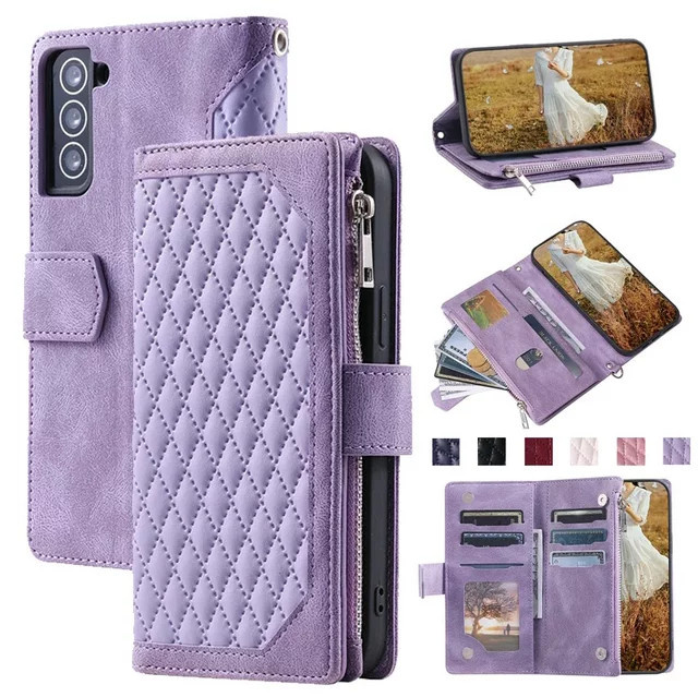 Lanyard Rhombic Ledertasche für Samsung Galaxy S24 Ultra S23 S22 S21 S20 Note 20 A55 A35 A25 A15 Flip Wallet mit Kartenabdeckung in Schwarz und Lila - Bild 1