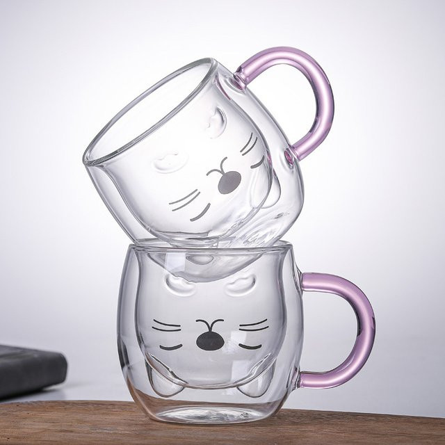 YWDL Doppelwandige Glas-Espressotasse mit Katzenmotiv, Transparent, 2er-Set - Bild 1
