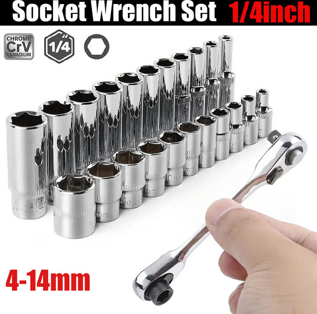 Deep Socket Set mit 1/4 Zoll Antrieb, 6-Punkt-Innensechskant und 72-Zahn-Ratsche in Silber - Bild 1
