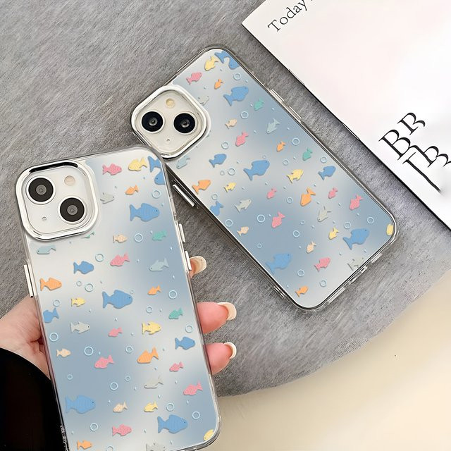 Stoßfeste Silikon-Handyhülle mit Blumenfisch-Design für Apple iPhone 17 Pro Max, 16, 15, 14, 13, 12, 11 in Silber mit Linsenrahmen - Bild 1