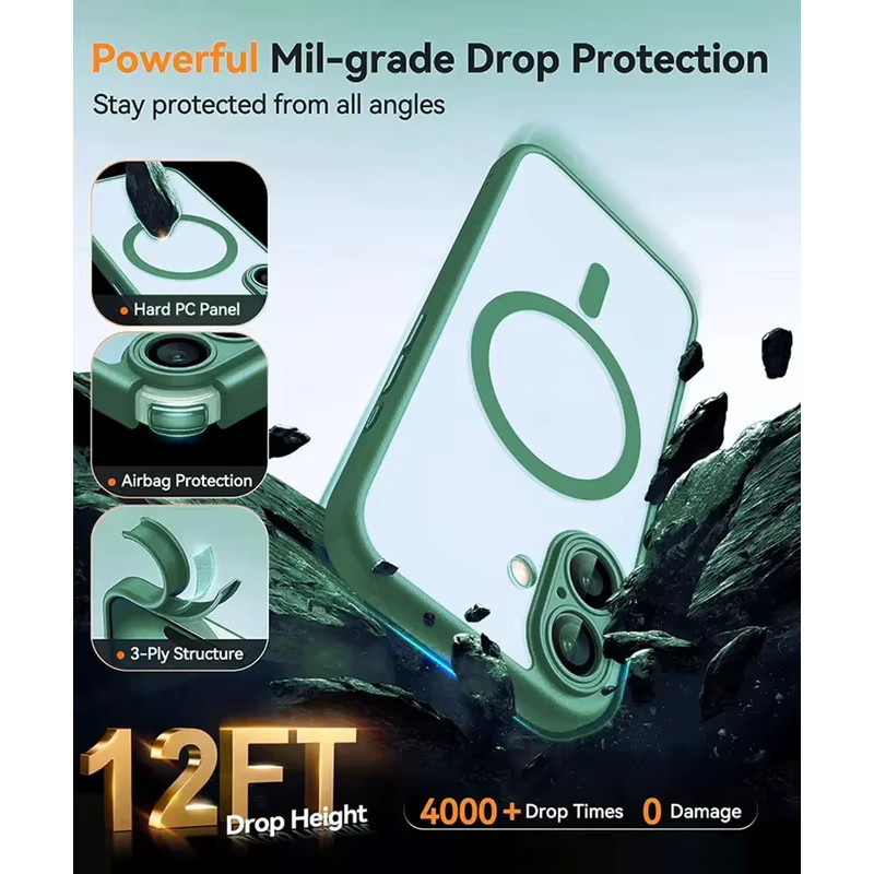 MagSafe Luxus Rüstung Stoßfeste Handyhülle für iPhone 16 15 14 13 Pro Max Plus mit Magnetischer Drahtloser Ladefunktion in Matt Transluzent PC, Farben: Transparent, Lila, Grün - Bild 5