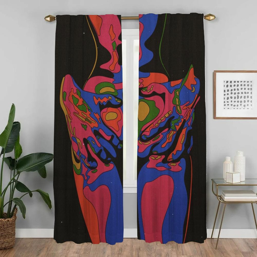 2er-Set Vorhänge mit abstraktem Frauen-Motiv in Psychedelisch-Design für Kinderzimmer und Küche, halbtransparent, Mehrfarbig, B: 50 cm, H: 70 cm - Bild 1