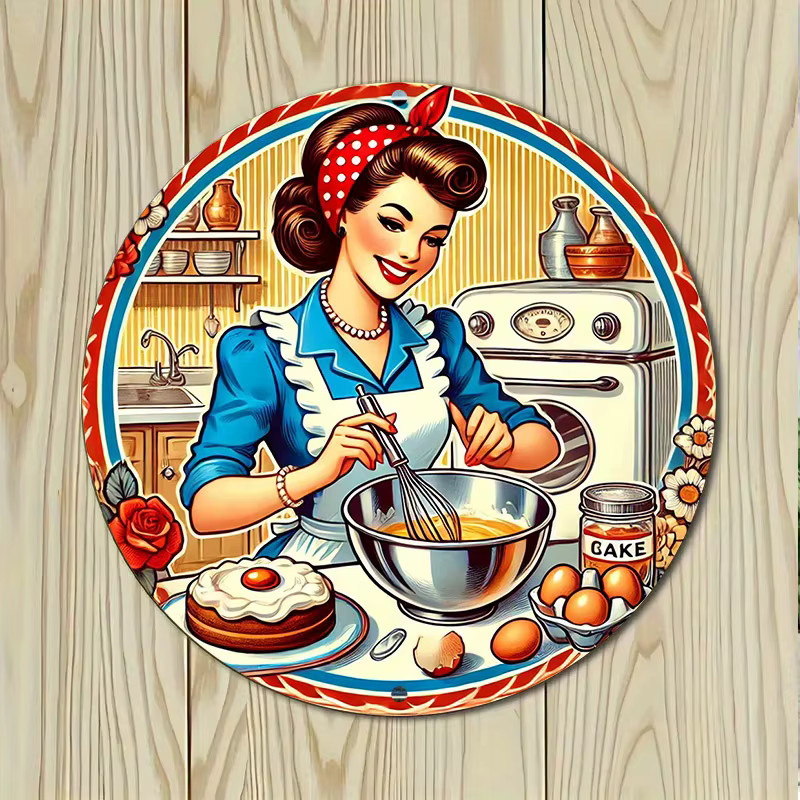 Potdemiel Metall-Wandkunst 2D Flat Vintage Kitchen Baking Cake, rundes Aluminiumschild mit buntem Retro-Design und floralem Muster, Durchmesser: 20,32 cm - Bild 3