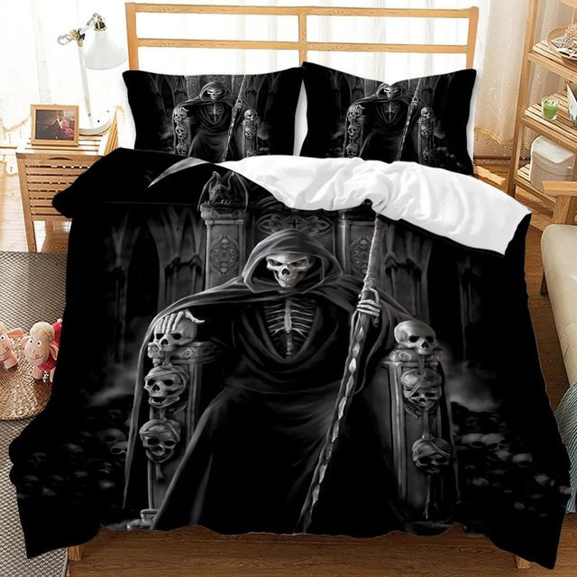 Your Warm Home Totenkopf Bettbezug-Set mit 2 Kissenbezügen in Schwarz aus Polyester für Halloween und Gothic-Fans, Breite: 133 cm, Höhe: 200 cm, Kissenbezug: 50 x 70 cm - Bild 1