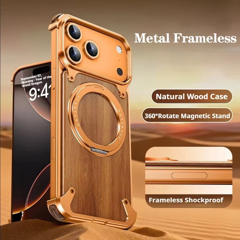Eary Magnetische Holzhülle für iPhone 17 Pro Max Air mit 360 Grad drehbarem Ständer aus massivem Aluminiumholz in Braun und Orange - Bild 5