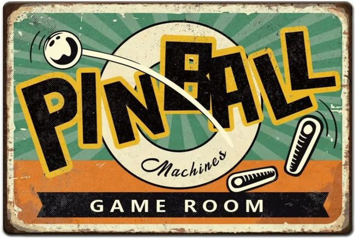 PinballNostalgie Vintage Metallblechschild im Retro-Rost-Look, mehrfarbiges Typografie-Wanddekor für dein Spielzimmer, B: 30 cm, H: 20 cm - Bild 1