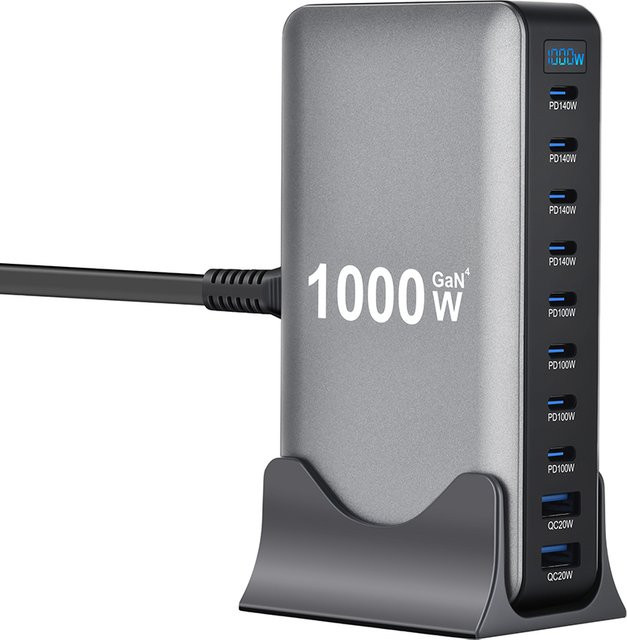 URVNS 1000W GaN Desktop Schnellladegerät mit 10 USB-C Ports, PD3.1 USB Type-C Ladestation in Grau für iPhone, Samsung, Xiaomi und Laptops - Bild 1