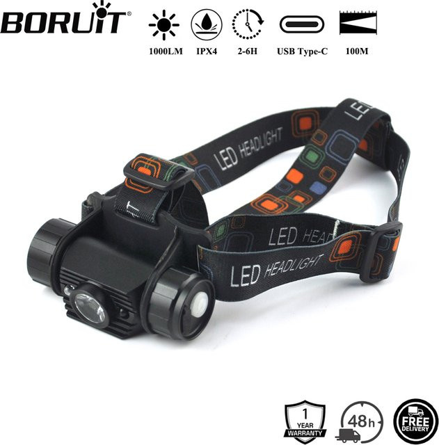 BORUiT 020 LED-Stirnlampe mit Bewegungsmelder, 1000 lm, wiederaufladbarer Scheinwerfer mit USB-C, wasserdicht, Schwarz - Bild 1
