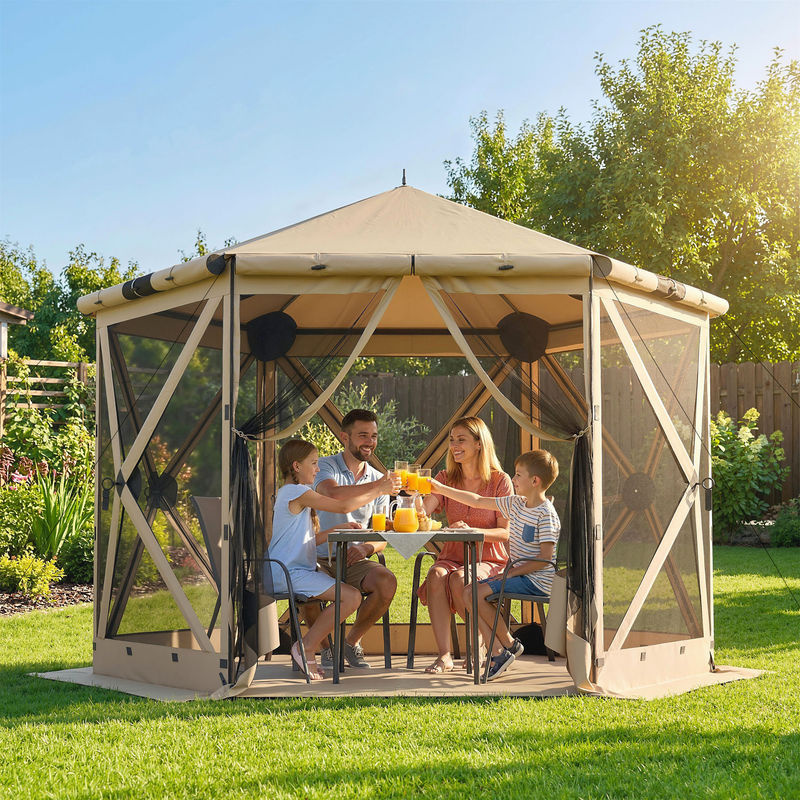 Outsunny Sechseck-Pavillon mit Bodenmatte und Seitenteilen aus Netzgewebe, wasserdicht und UV-beständig, Partyzelt für Garten und Terrasse, Khaki, B: 3 m, T: 2,6 m - Bild 2