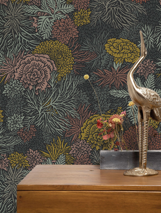 KEK Amsterdam Wandtapete Rieder 4 FR-017 mit floralem Art Nouveau Design in Grün, Gelb und Beige, Höhe: 280 cm, Breite: 50 cm - Bild 1