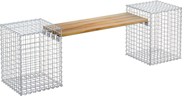 Gabiona 2-Sitzer Gabionenbank aus Teakholz und Stahl in Silber, B/H/T: 45 x 60 x 45 cm - Bild 1