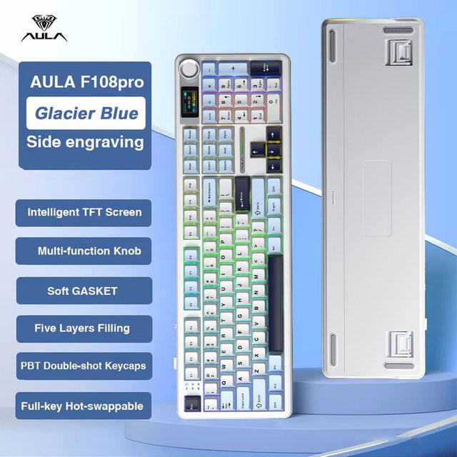 AULA F108 PRO E-Sport Gaming Mechanische Tastatur in Pink mit Drei-Modus-Anpassung, RGB-Hintergrundbeleuchtung und TFT Smart Display - Bild 1