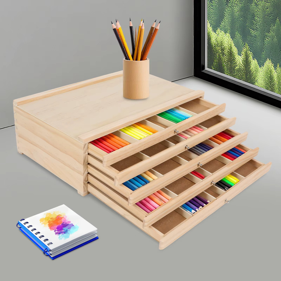 5-stufige Schubladen-Aufbewahrungsbox aus Holz in Beige als Schreibtisch-Organizer für Künstlerbedarf, Schmuck und Schreibwaren, B/T/H: 40 x 25,5 x 12,3 cm - Bild 3