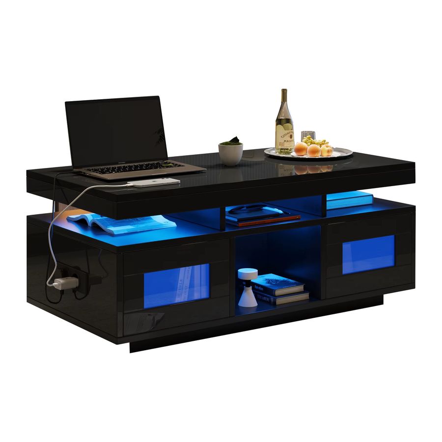 KOMHTOM Couchtisch in Schwarz mit Hochglanz-Finish, App-steuerbaren LED-Leuchten, Schrank, Ladeanschluss und Steckdose, B/T/H: 100 x 50 x 43 cm - Bild 3