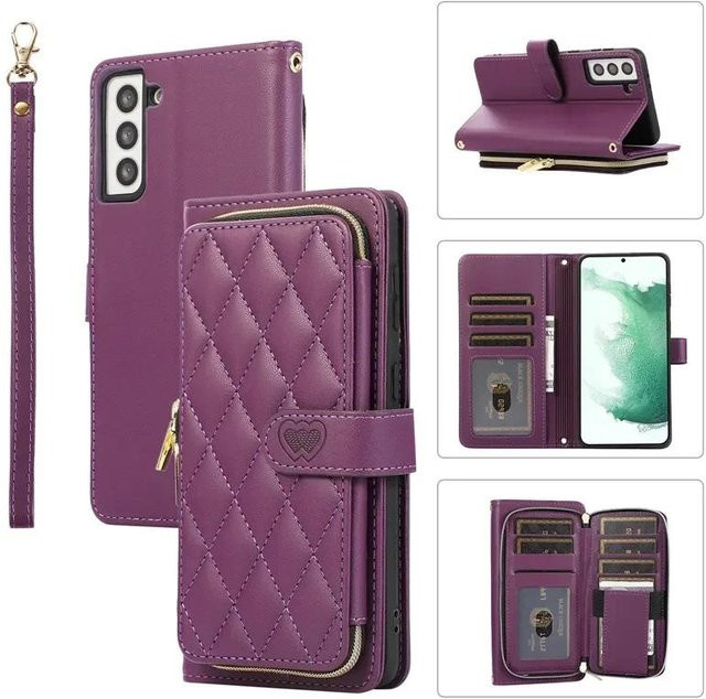 Leder Crossbody Lanyard Handyhülle mit Reißverschluss und Geldbörse für Samsung Galaxy S25 Edge S24 FE S23 Ultra S22 Plus S21 S20 S10 Flip Cover in Purple - Bild 1