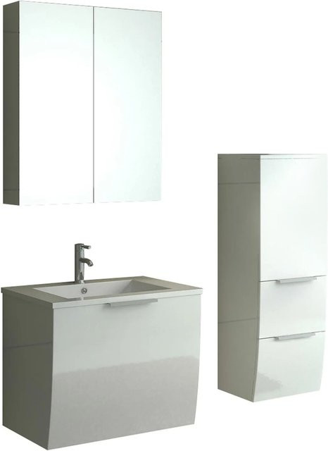 Jet-Line Badset Rorschach in Hochglanz Weiß: 3-teiliges Badezimmermöbel-Set mit Waschtisch, Spiegelschrank und Hochschrank - Bild 1