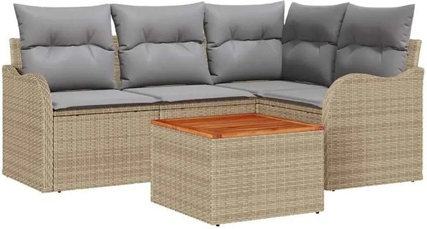 vidaXL Garten-Sofa-Set 5-teilig aus Poly Rattan in Beige mit Eckbank, zwei Sesseln, Gartentisch und Polsterkissen
