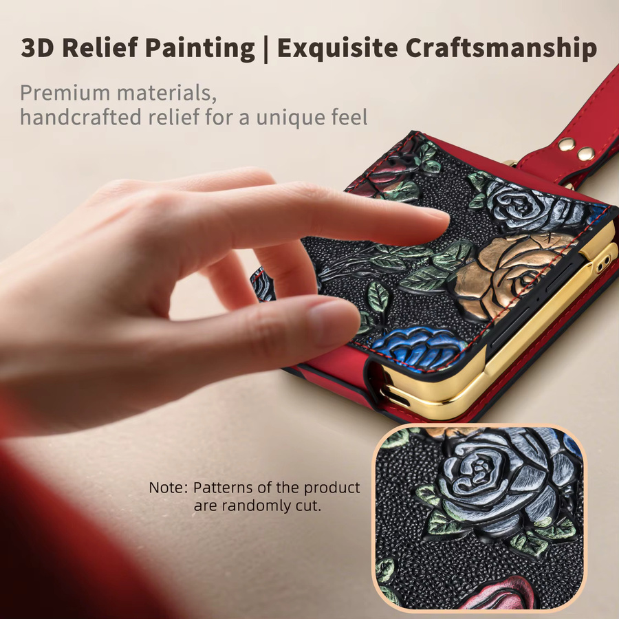 VIETAO Handyhülle aus PU-Leder mit Reliefmalerei Blumen und Armband für Samsung Galaxy Z Flip 8 7 6 5 4 3 in Braun - Bild 3
