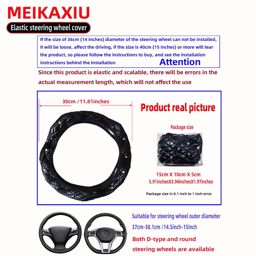 MEIKAXIU Lenkradabdeckung aus weichem PU-Schafsfell mit Diamant-Bestickung in Blingbling-Optik ohne Innenring - Bild 2