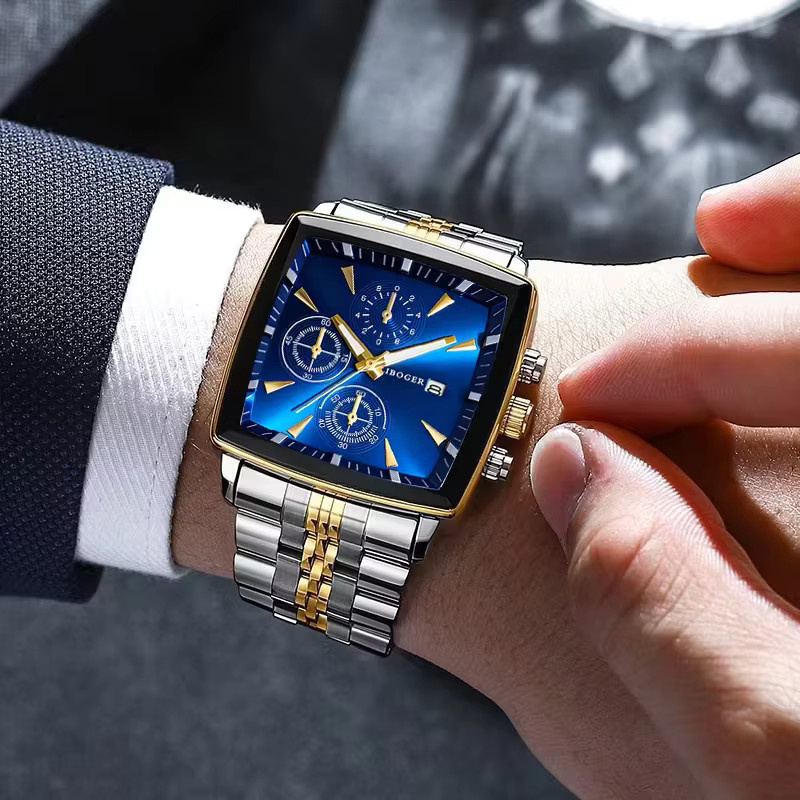 yolako Armbanduhr Quarz, Edelstahl, Eckiges Zifferblatt, Blau, Herren - Bild 2