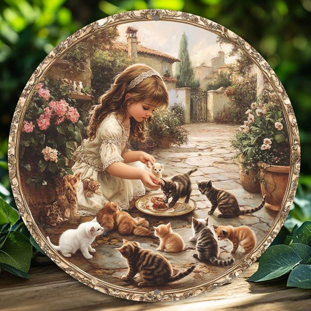 Rundes Aluminiumschild Potdemiel mit Mädchen- und Katzenmotiv in Vintage-Optik, Durchmesser: 20 cm - Bild 1