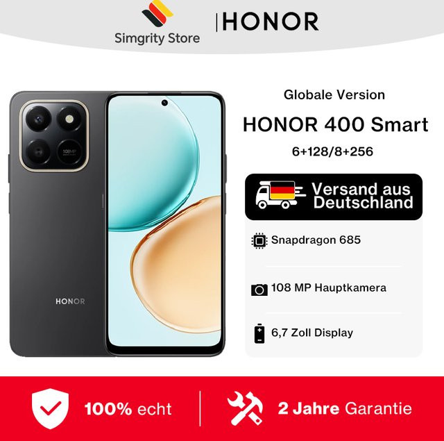 HONOR 400 Smart 4G Smartphone in Schwarz mit 6GB+128GB oder 8GB+256GB Speicher, Snapdragon 685, 6,77-Zoll 120Hz Display, 108MP Hauptkamera, 6500mAh Akku, Android 15 und NFC - Bild 1
