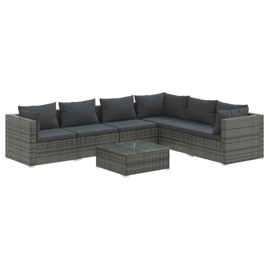 vidaXL 7-tlg Garten-Lounge-Set L-Form aus Poly-Rattan in Grau-Anthrazit mit Kissen und Couchtisch - Bild 2