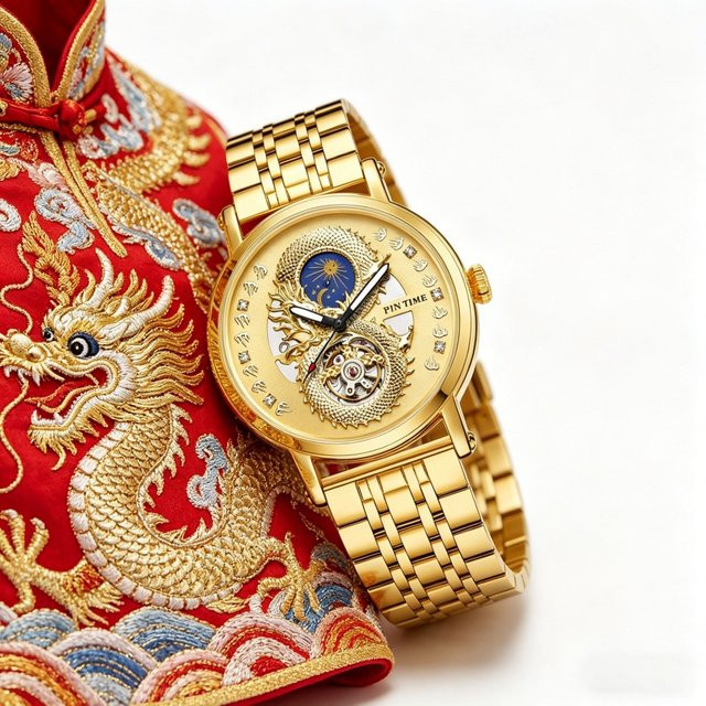 PINTIME Armbanduhr Gold, Automatik, Sonnen- und Mondphasen, Herren - Bild 1
