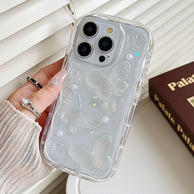 Yiran Bag Schmetterling Handyhülle mit 3D Perlen und Glitzer für iPhone 16 15 14 13 12 11 Pro Max Plus, Transparent, Stoßfest mit Linsenschutz - Bild 1