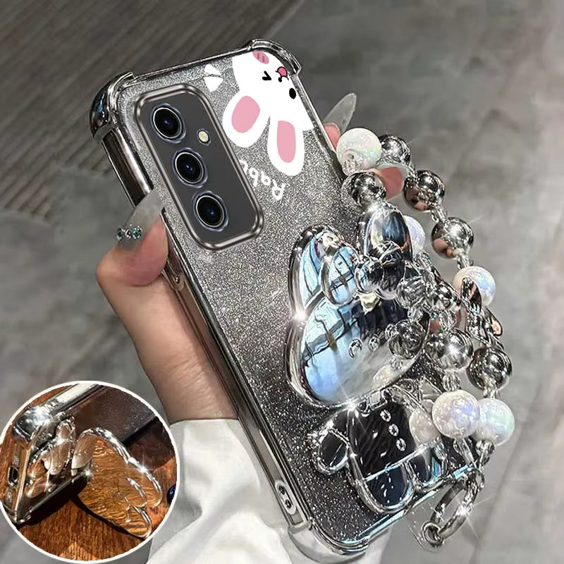 Glitzer Kaninchen Handyhülle mit Airbag-Schutz und Standfunktion für Samsung Galaxy S25 S24 S23 Ultra Plus FE in Blau - Bild 2