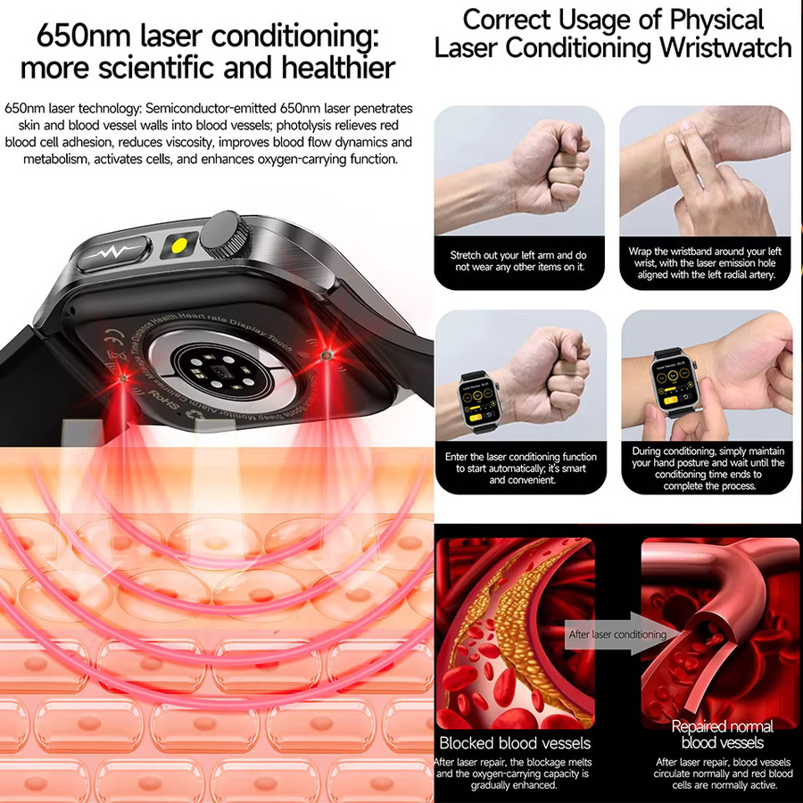 GUHUAVMI Smartwatch mit AI-GPT Diagnose, EKG, Blutdruck, Lipid- und Harnsäure-Messung sowie 650 nm Dual-Probelaser zur Herz-Analyse, in Schwarz oder Blau - Bild 4