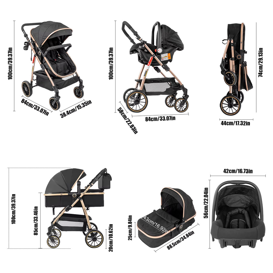 3in1 Kinderwagen Kombikinderwagen für Neugeborene in Schwarz mit Verdeck und Einhand-Faltmechanismus - Bild 5