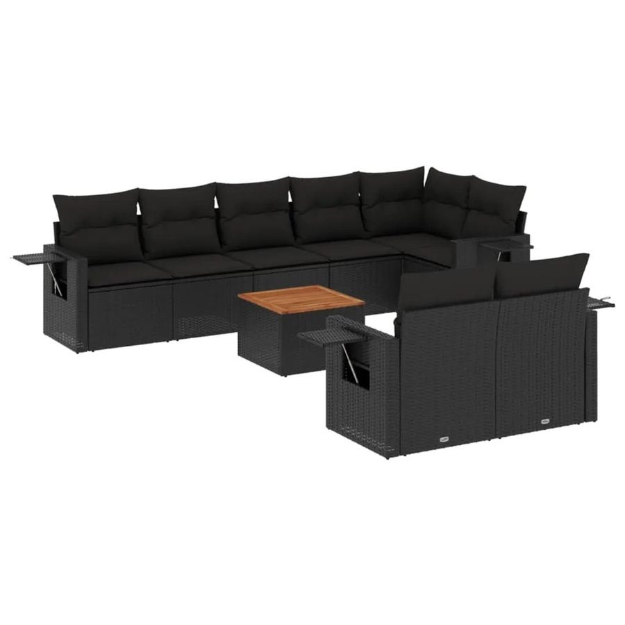 vidaXL 9-tlg Garten-Sofagarnitur in L-Form aus Polyrattan und Akazienholz mit Kissen in Schwarz - Bild 2