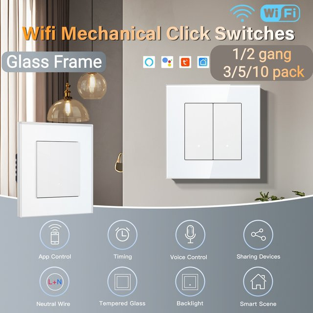BSEED WLAN Smart-Schalter mit weißem Glasrahmen und gelber Hintergrundbeleuchtung, Tuya App Steuerung, EU-Standard, Neutralleiter erforderlich - Bild 1