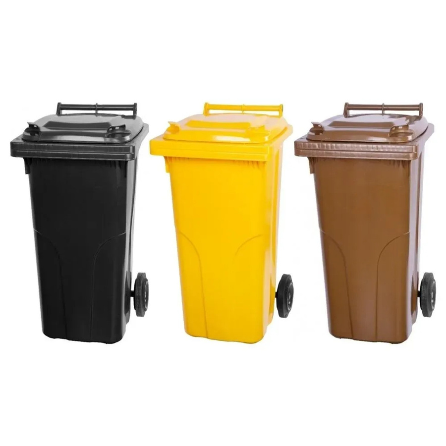 PROREGAL SuperSparSet 3er-Pack Mülltonnen mit 2 Rädern aus HDPE-Kunststoff, 120 Liter, Farben: Grau, Schwarz, Gelb und Braun - Bild 2