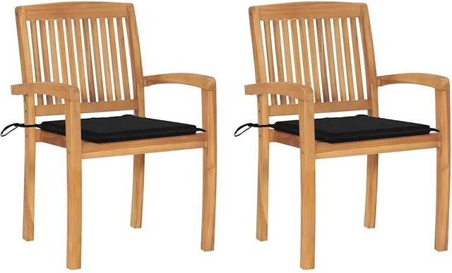 vidaXL Gartenstühle Set aus Teakholz mit schwarzen Kissen, stapelbare Gartenstühle mit Armlehnen in Braun und Schwarz - Bild 1