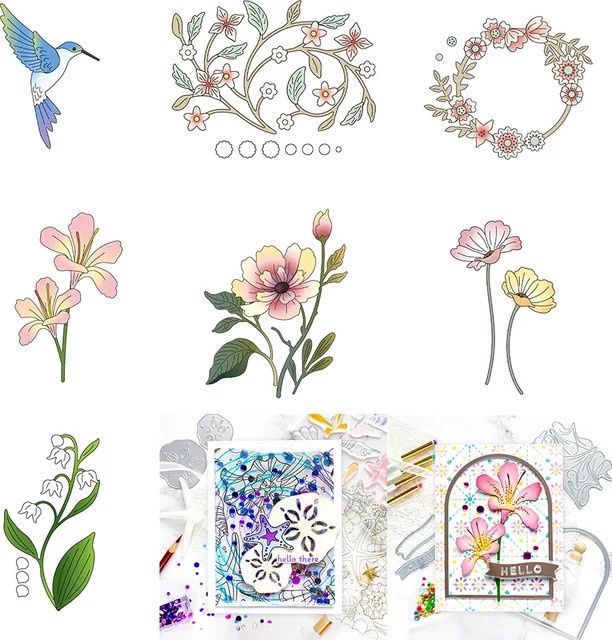 Metall Stanzformen mit blühenden Blumen und Kolibris für DIY Scrapbooking und Bastelarbeiten, Mehrfarbig - Bild 1