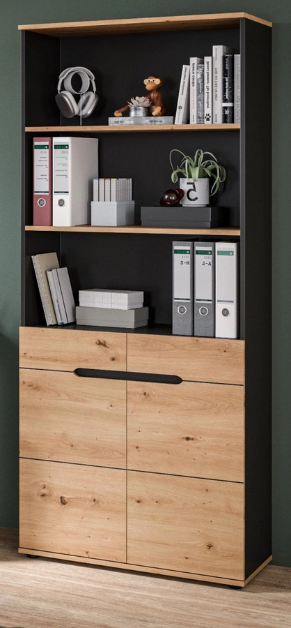 Büroschrank Cooper in Eiche und Grau mit Soft-Close-Türen und offenen Regalfächern, B/H: 80 x 190 cm - Bild 1