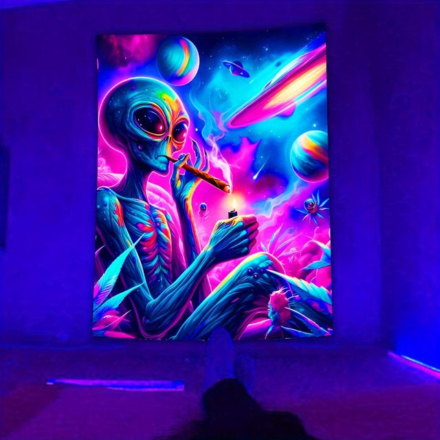 VIKAMA Psychedelischer Alien-Wandteppich in Blau-Grün mit Regenbogen-Universum Motiv, dekorativer Sci-Fi Wandbehang für dein Wohnzimmer, B/H: 60 x 40 cm - Bild 1