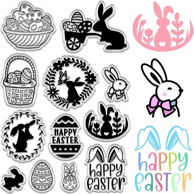 Transparenter Silikon-Stempel mit Ostermotiv Kaninchen, Eier und Schmetterling für Journaling und Karten - Bild 1