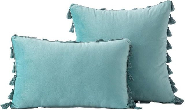 2er-Pack Cozy Up Home Dekorative Kissenbezüge aus Samt mit Quasten in Dschungel Grün, Boho Kissenhüllen für Sofa und Bett, B/H: 45 x 45 cm - Bild 1
