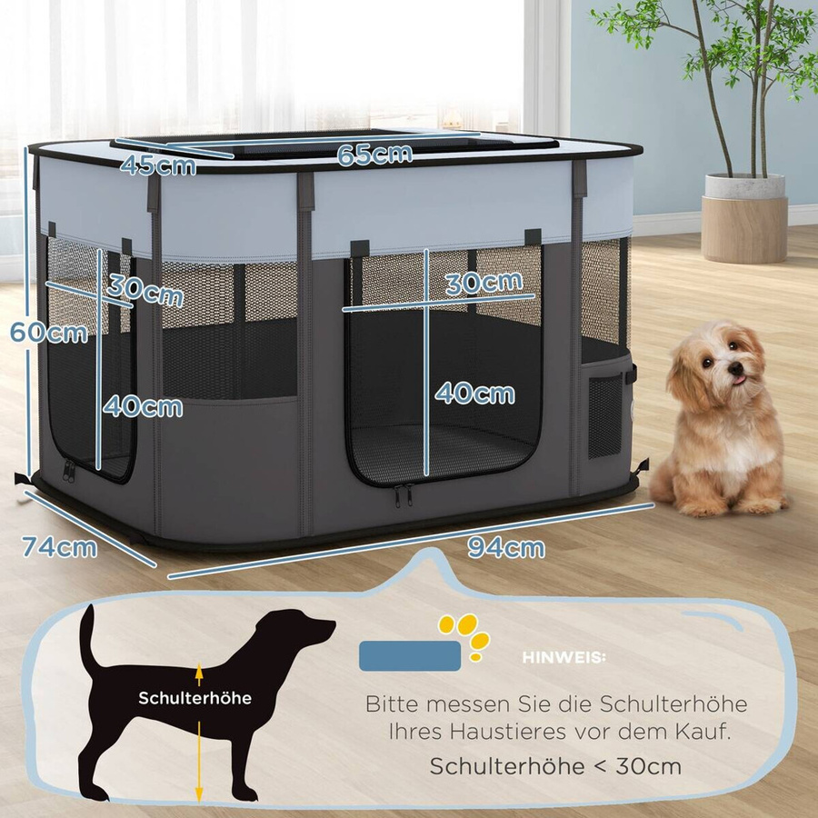 PawHut Welpenauslauf faltbares Laufgitter mit Türen und Fenstern für kleine Hunde und Kleintiere, Grau, B/T/H: 94 x 74 x 60 cm - Bild 5