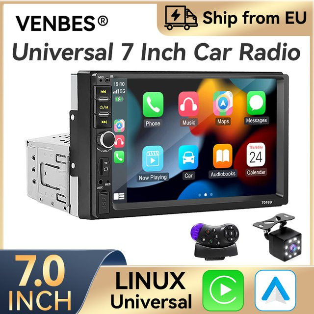 VENBES 1 Din Autoradio mit 7 Zoll Display, CarPlay, Android Auto, Mirror Link, Bluetooth 5.0, USB und wasserdichter Rückfahrkamera in Schwarz - Bild 1